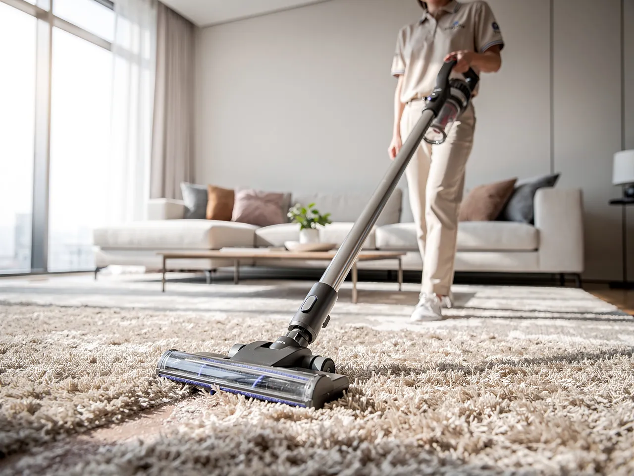 Professional vacuuming a carpet with modern equipment.