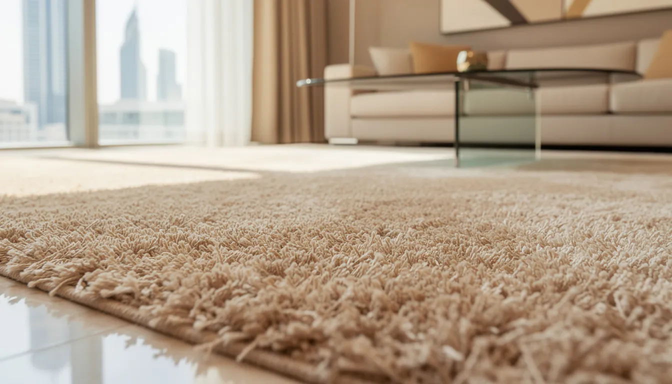 Pristine carpet in a modern Dubai living room after professional cleaning.