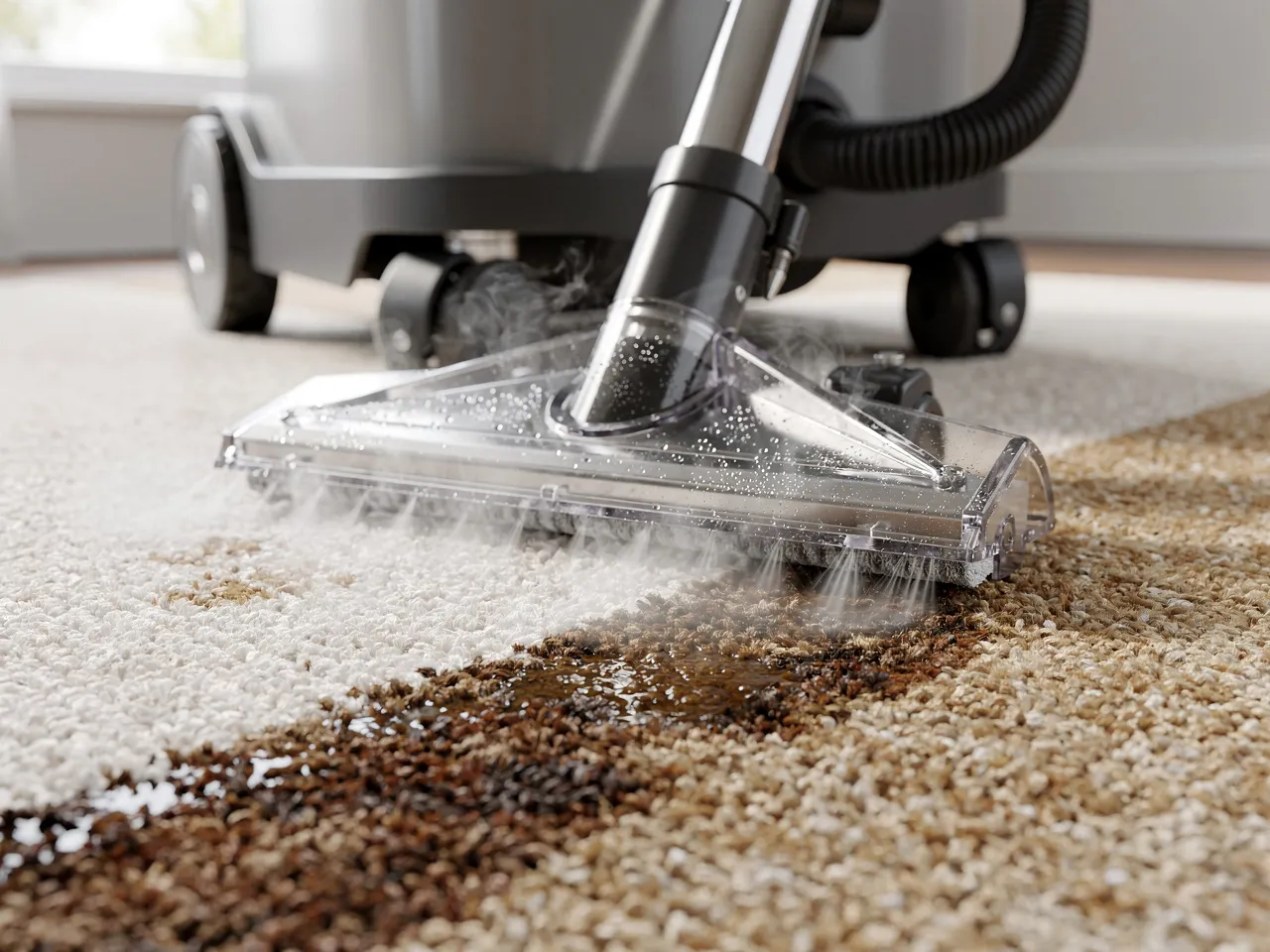 Close-up of professional carpet cleaning equipment in use.