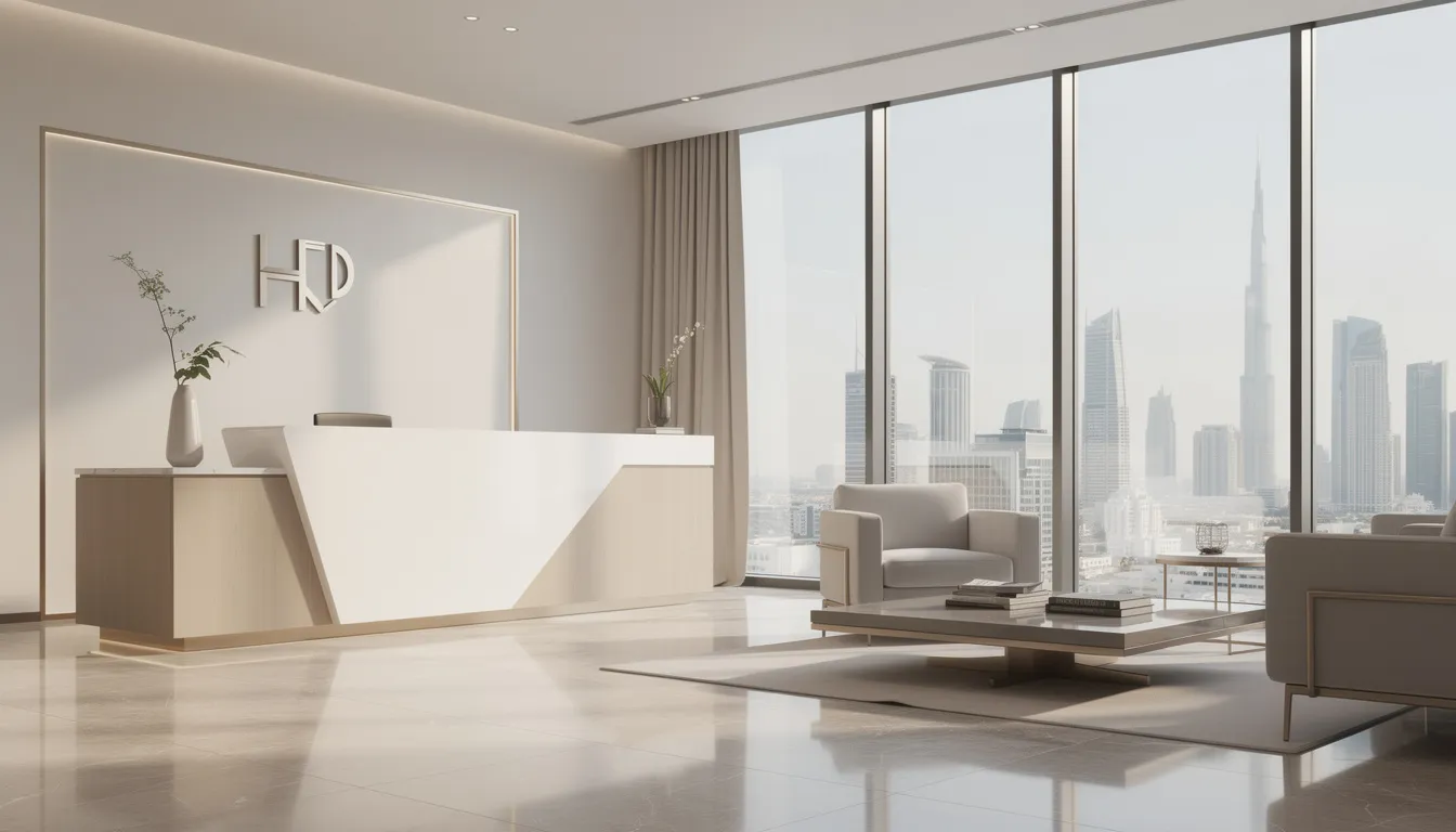 Modern and clean office reception area in Dubai.