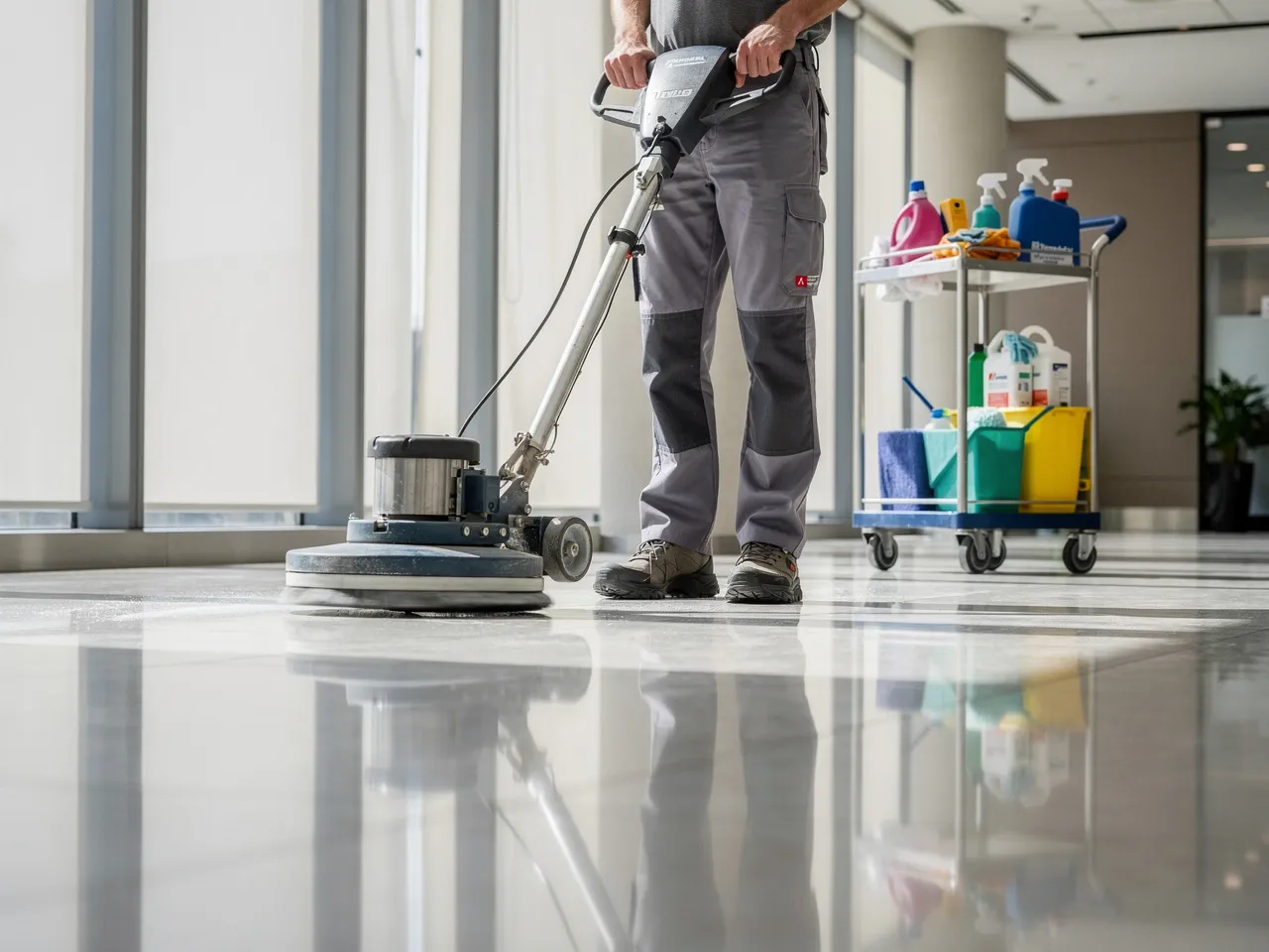 Professional floor cleaning in a commercial space.