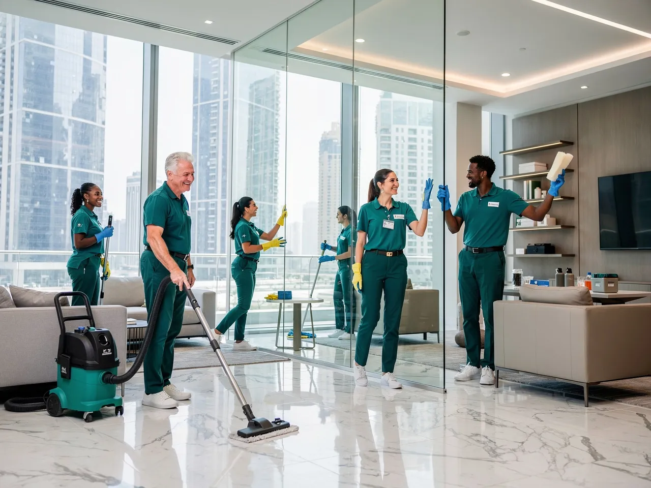 Commercial cleaning team working in a Dubai business.