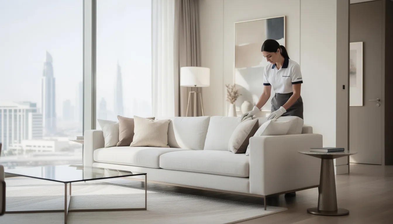 Professional cleaner working in a bright, modern Dubai living room.