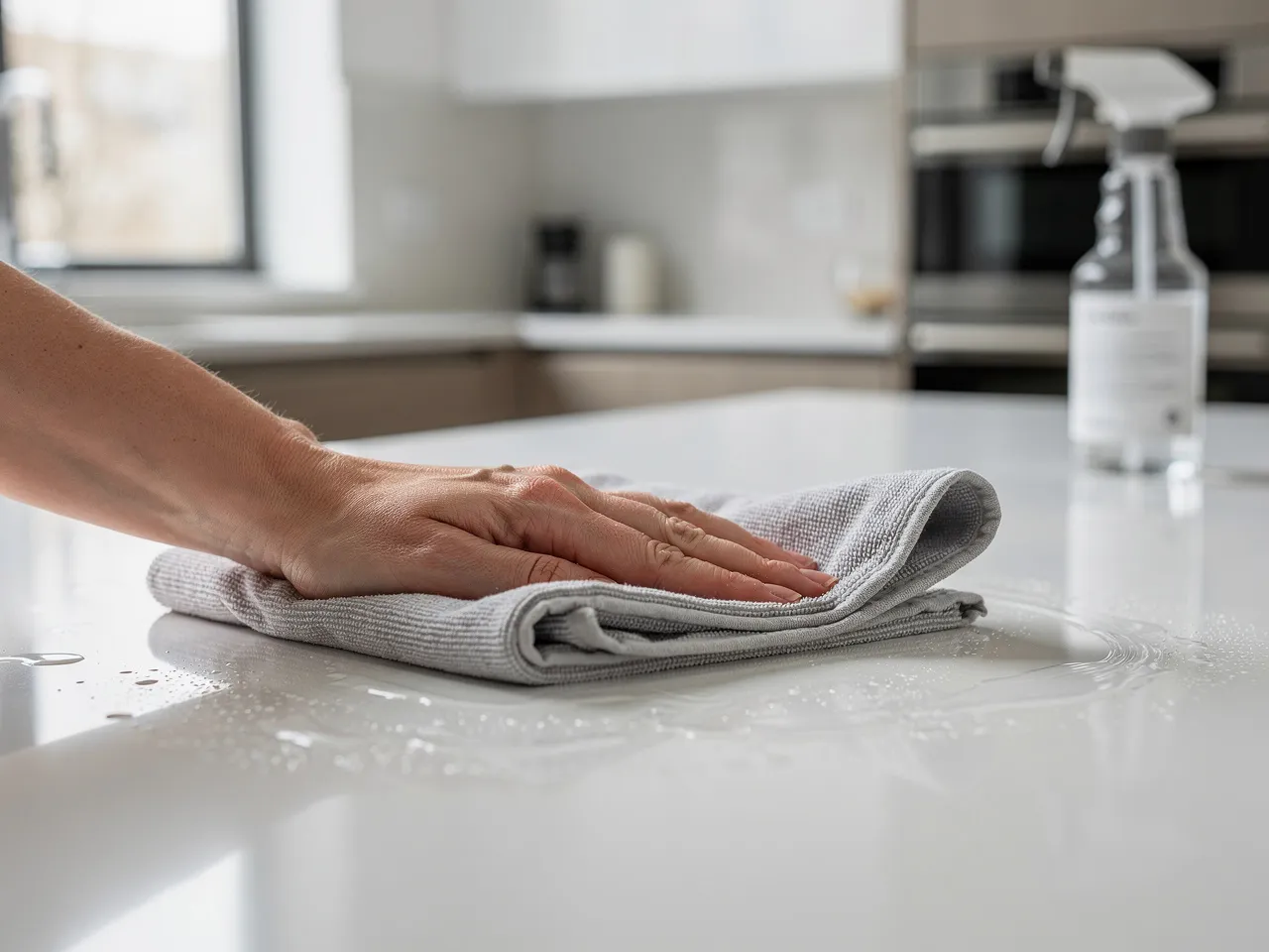 Close-up of a cleaner's hands detailing a kitchen counter.
