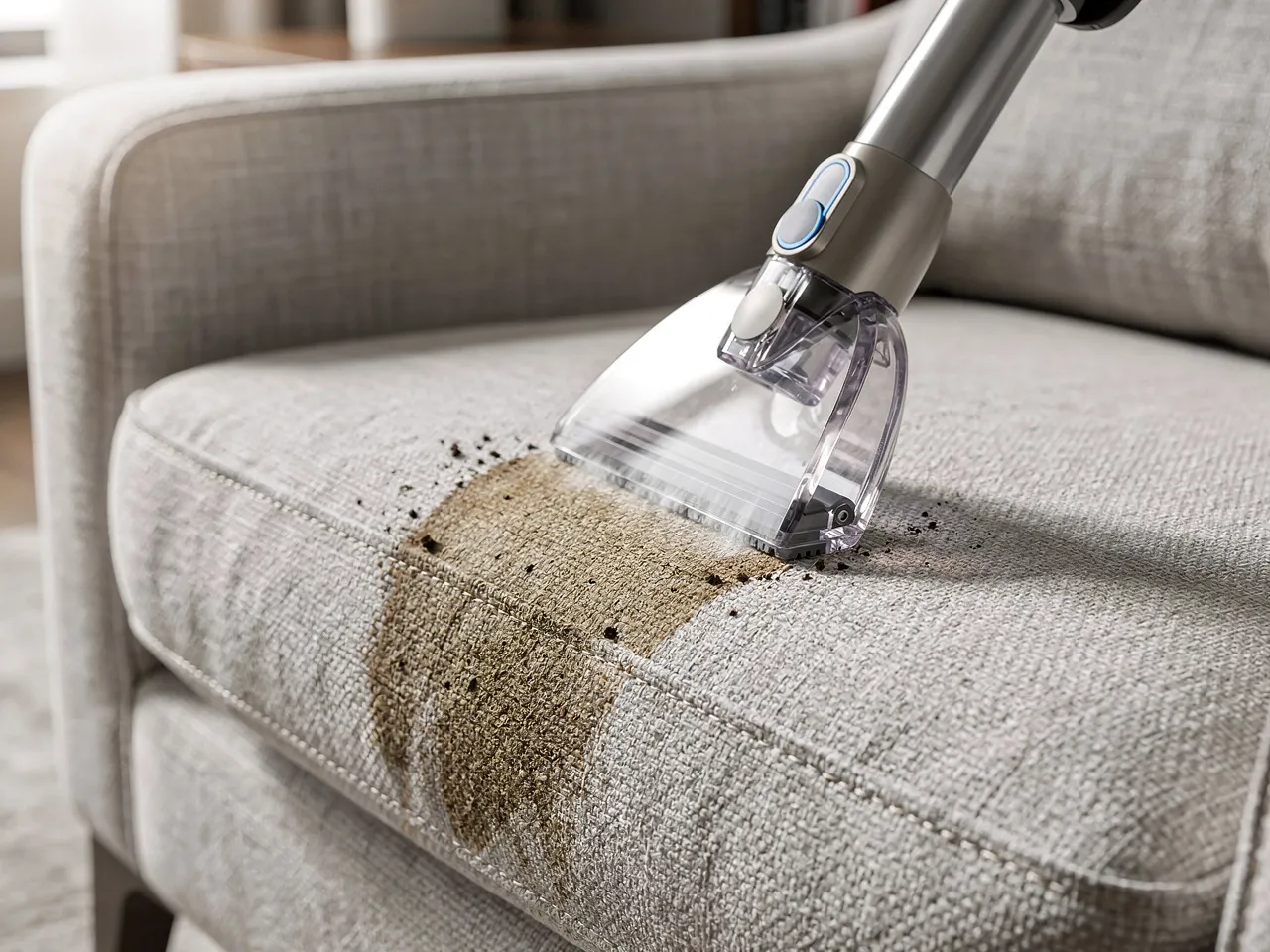 Close-up of upholstery cleaning on an armchair.