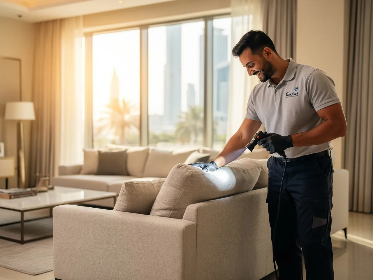 Furniture cleaning specialist inspecting a sofa in a Dubai home.