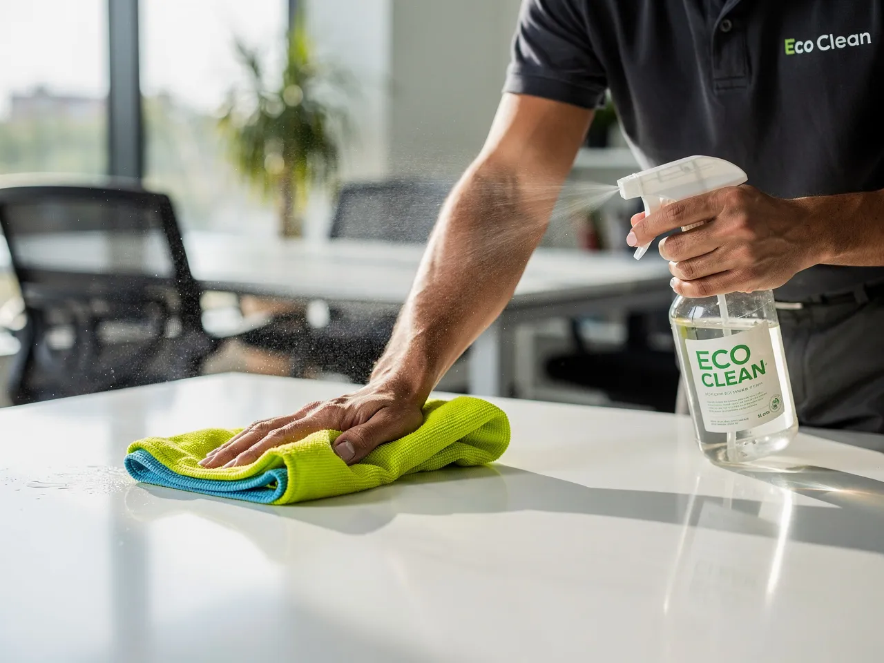 Detailed desk cleaning in an office