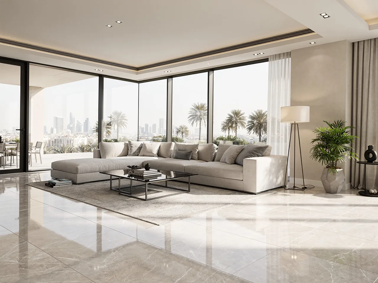 Immaculately clean living area in a Dubai villa.
