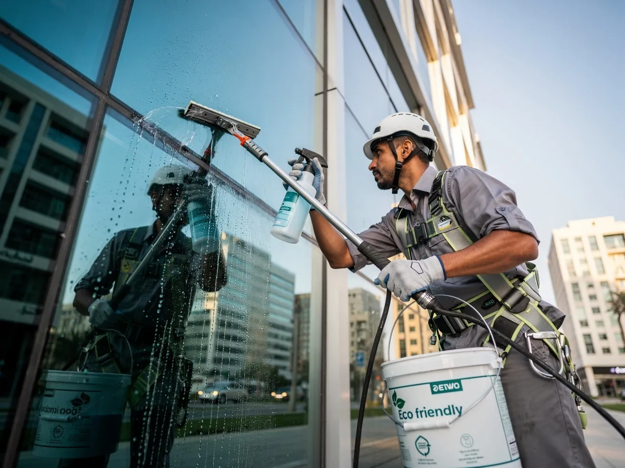 Professional window cleaning in progress on an office building